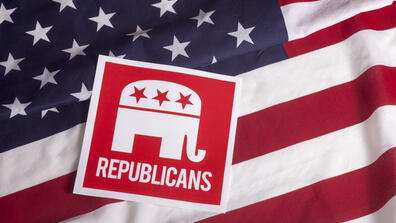 The Republican elephant symbol on a sticker against the American flag