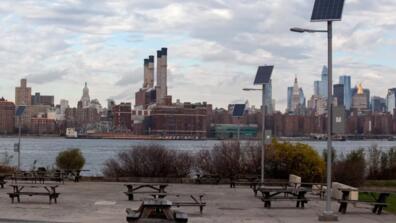 Solar panels in Brooklyn’s Marsha P. Johnson State Park frame a Con Edison substation in the East Village.
