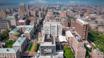 This aerial view of Morningside campus, looking north over Harlem, features IAB near the center.