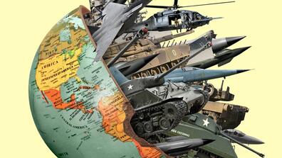 Half a globe with the U.S. map on it and military weapons protruding out of the open half sphere