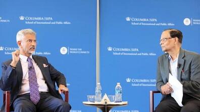 picture of conversation with external Affairs Minister S Jaishankar  and Professor Arvind Panagariya