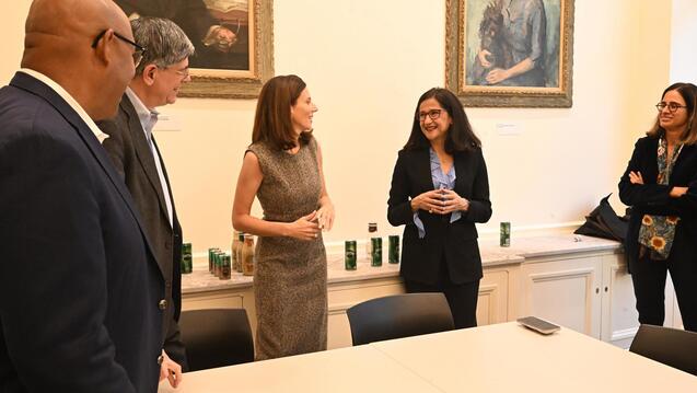 On January 18, Dean Keren Yarhi-Milo (left) greeted Columbia University's next President, Nemat “Minouche” Shafik.