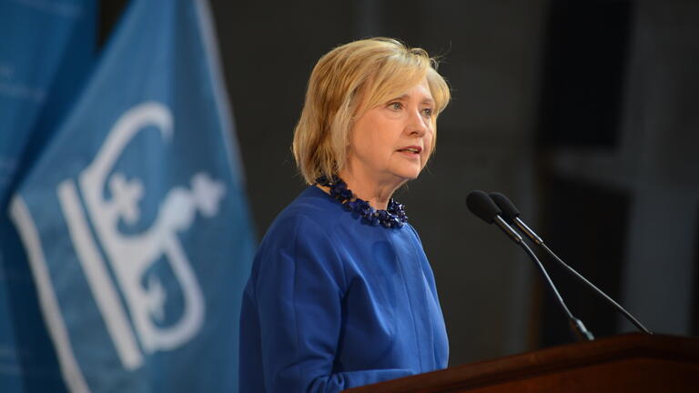 Hillary Rodham Clinton at podium Columbia University