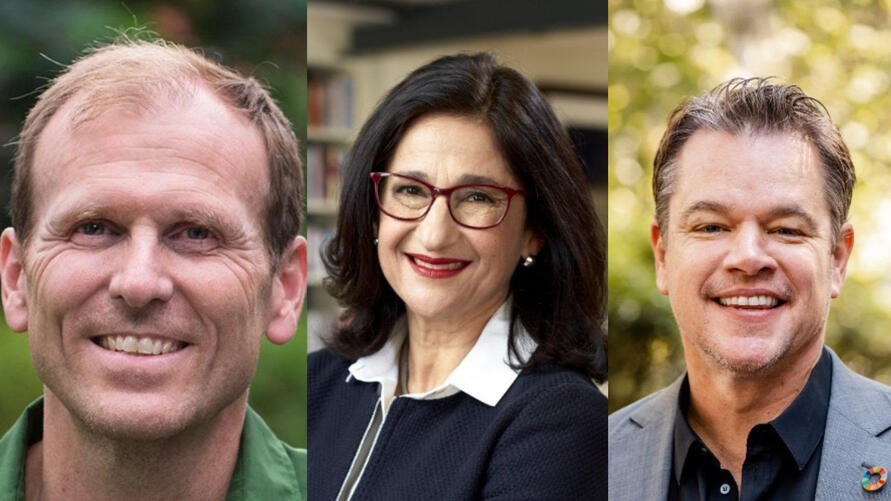 Headshots of speakers, Gary White, Minouche Shafik, and Matt Damon.