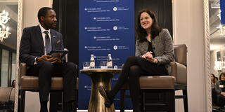 Deputy National Security Adviser Anne Neuberger MIA ’05 (right) spoke with SIPA student Aaron “Jay” Stout MIA ’24 at the 2023 Washington, D.C., career conference.