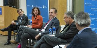 A March 7 discussion of the declassification of U.S. government secrets featured panelists (L-R) Matthew Connelly, Emily Bazelon, Timothy Naftali, Barton Gellman, and Chris H. Wiggins.