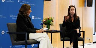 Director of National Intelligence Avril Haines (r.) gave the 2023 Silver Lecture at SIPA, then joined Dean Keren Yarhi-Milo for additional discussion.