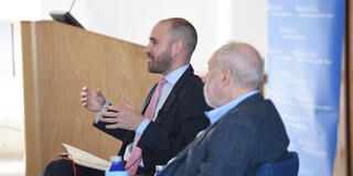 Martín Guzmán [left], who was Argentina’s minister of economy from 2019 to 2022, spoke with Nobel economist Joseph E. Stiglitz after giving the 2023 Beinecke Lecture at SIPA.