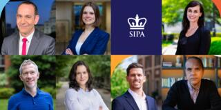 Collage of new SIPA faculty for 2023-24: (top row, L-R) Timothy Naftali, Martsella Davitaya, and Sigga Benediktsdóttir; (bottom row, L-R) Daniel Björkegren, Erica Lonergan, Fernando Cirelli, and Marcelo Medeiros
