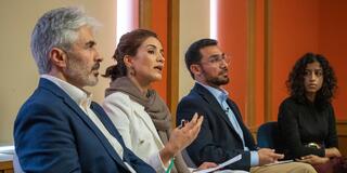L-R: Sibghatullah Ghaznawi, Hosna Jalil, and Aref Dostyar joined Dipali Mukhopadhyay for a panel discussion.