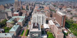 This aerial view of Morningside campus, looking north over Harlem, features IAB near the center.