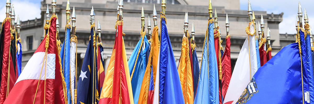 Flags in front of Low Library 
