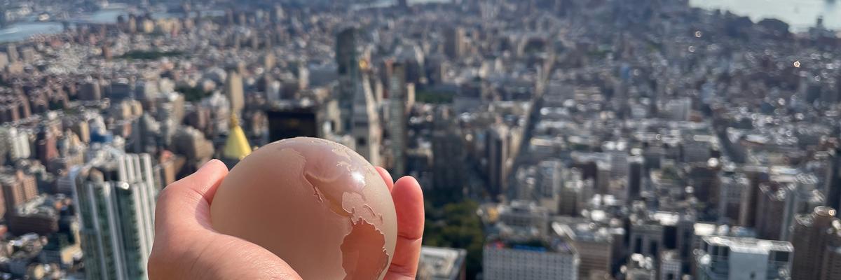 Person holding globe over NYC