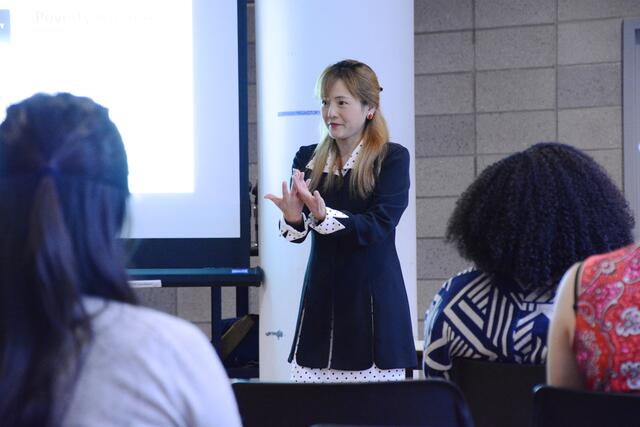 Professor Yumiko Shimabukuro presents to a class.