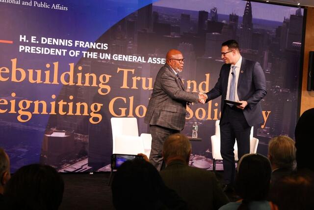 UNGA President Dennis Francis visited SIPA, speaking with Professor Daniel Naujoks.