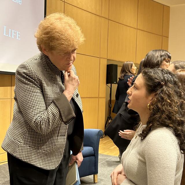 Ambassador Deborah Lipstadt speaks with a visitor after her talk on February 28, 2024.