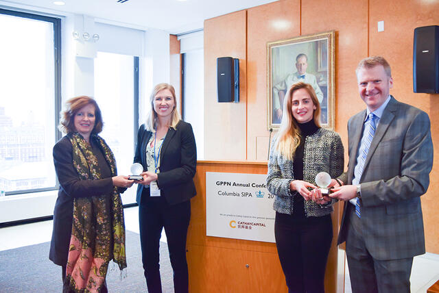 [CLICK TO ENLARGE] Dean Merit E. Janow (left) and Associate Dean for Student Affairs Cory Way (right) joined Shanna Crumley and Gemma Torras Vives, winners of the 2018 GPPN student competition.