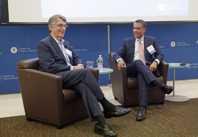 SIPA faculty member David Sandalow (left); Distinguished Alumni honoree Sumant Sinha MIA '92 