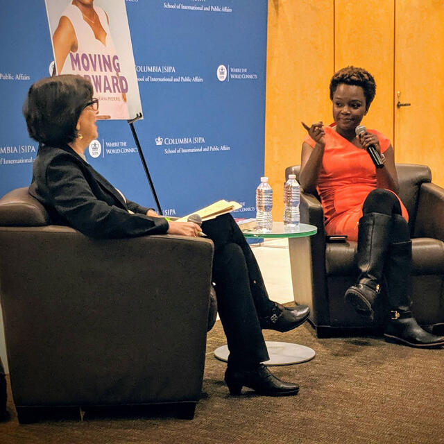 On December 5, Karine Jean-Pierre discussed her new book “Moving Forward” with Professor Ester Fuchs.
