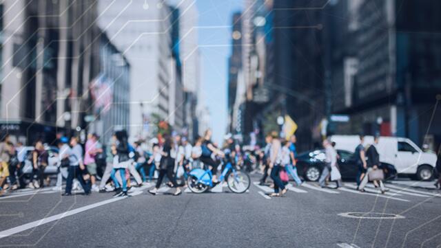 photo illustration of a crowded NYC crosswalk, illustrating the new Center for Smart Streetscapes (CS3)