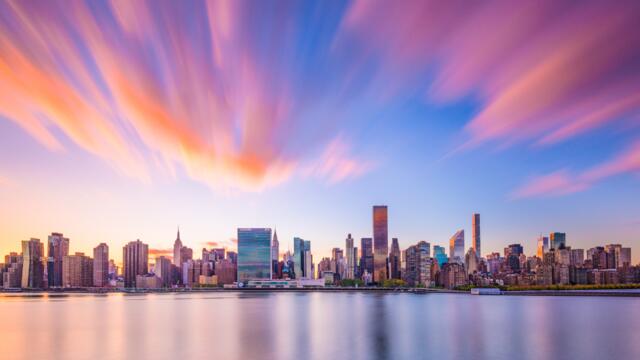 panorama of NYC skyline from the east, centered on the United Nations