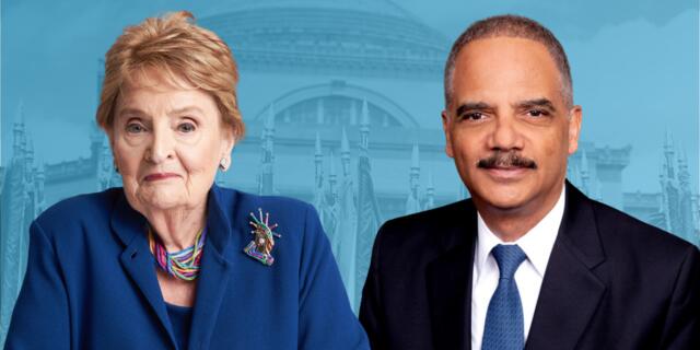 portraits (L-R): Madeleine Albright, Eric Holder